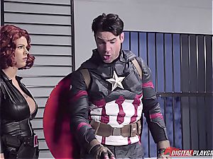 Captain America sinks dark-hued Widow in his superhero jizm